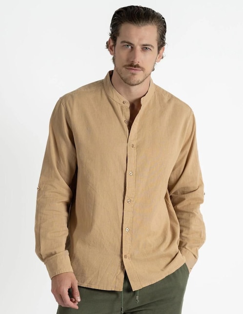 Camisa casual de algodón y lino manga larga para hombre