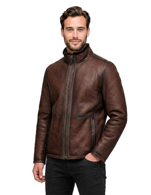 Chamarra harrington Cuadra de piel con bolsillos para hombre