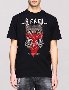 Playera FNC Collezioni Gato Rebel Cuello Redondo Para Hombre