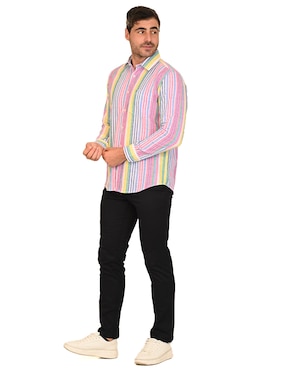 Camisa casual Ferrioni de algodón y lino manga larga para hombre