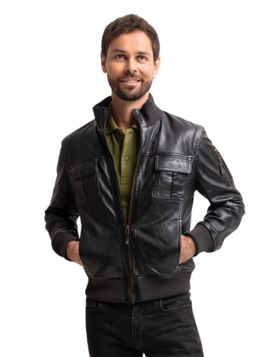Chamarra bomber impermeable de piel cuello con cierre para hombre Chamarra bomber impermeable de piel cuello con cierre para hombre