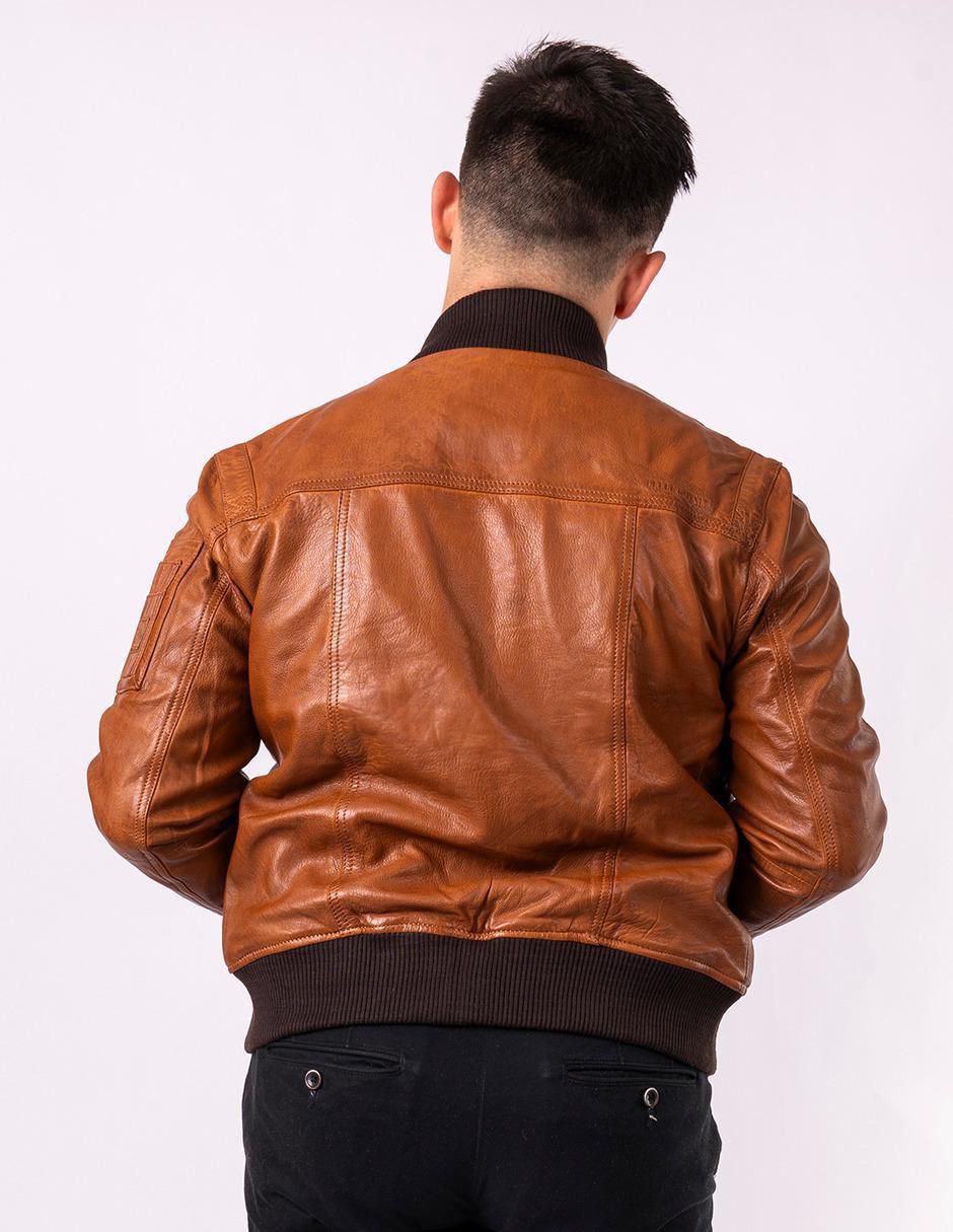 Chamarra bomber impermeable de piel cuello con cierre para hombre 2