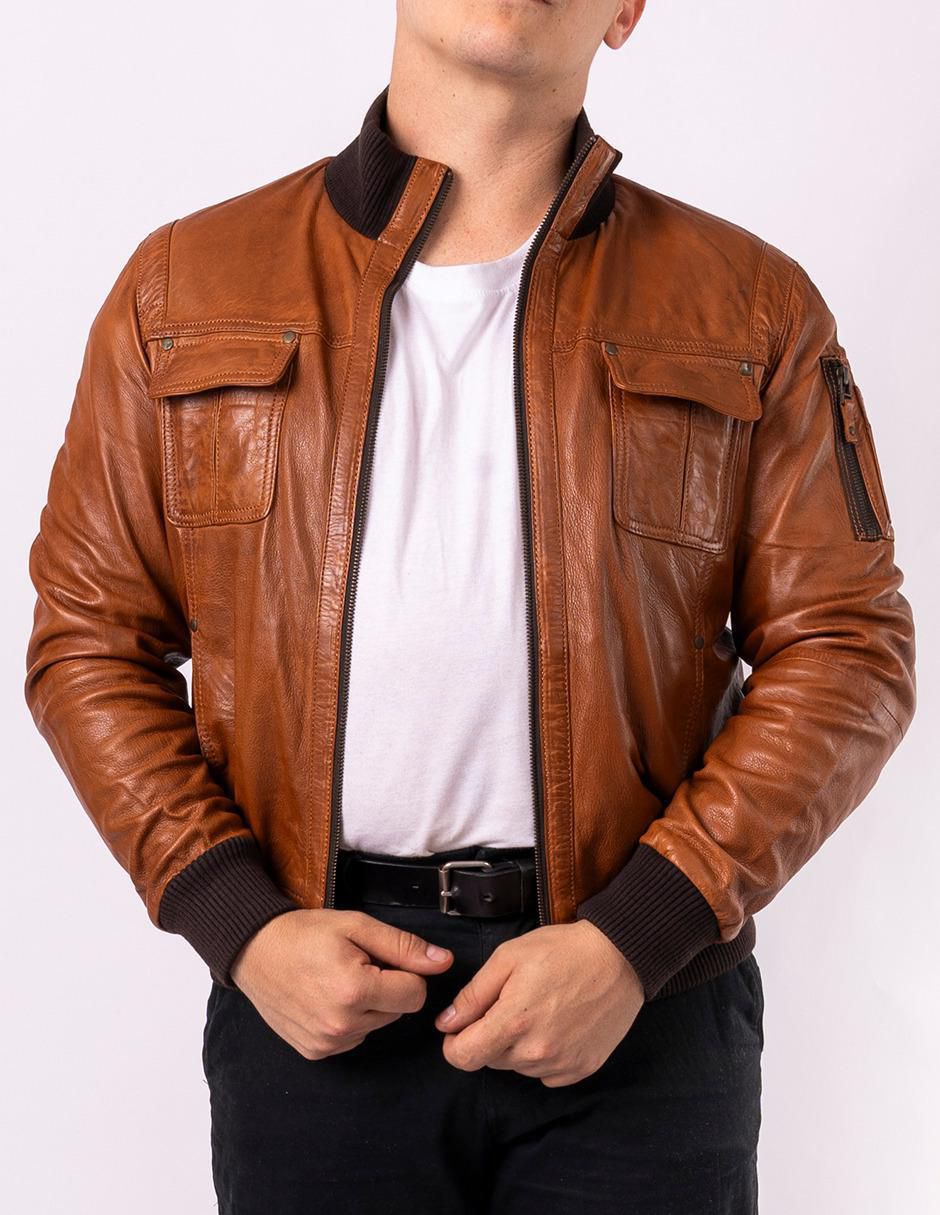 Chamarra bomber impermeable de piel cuello con cierre para hombre 3
