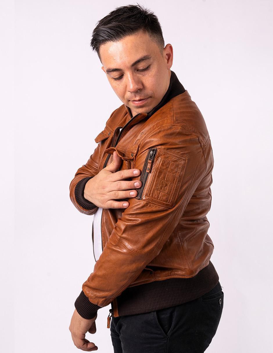 Chamarra bomber impermeable de piel cuello con cierre para hombre 4
