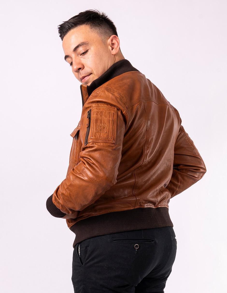 Chamarra bomber impermeable de piel cuello con cierre para hombre 5