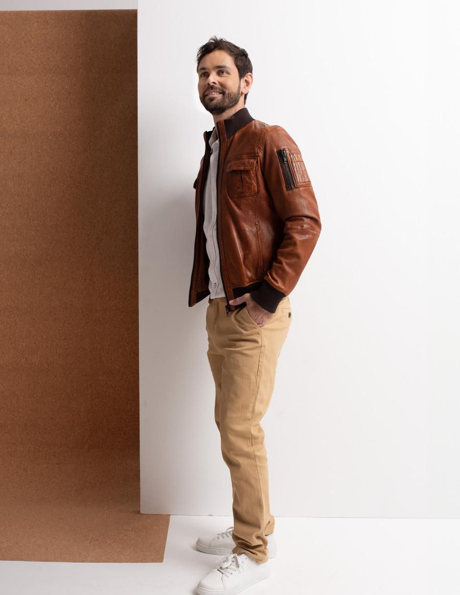 Chamarra bomber impermeable de piel cuello con cierre para hombre 7