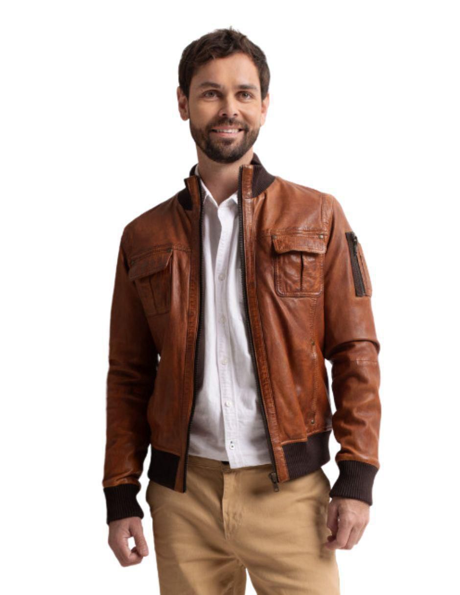 Chamarra bomber impermeable de piel cuello con cierre para hombre Chamarra bomber impermeable de piel cuello con cierre para hombre