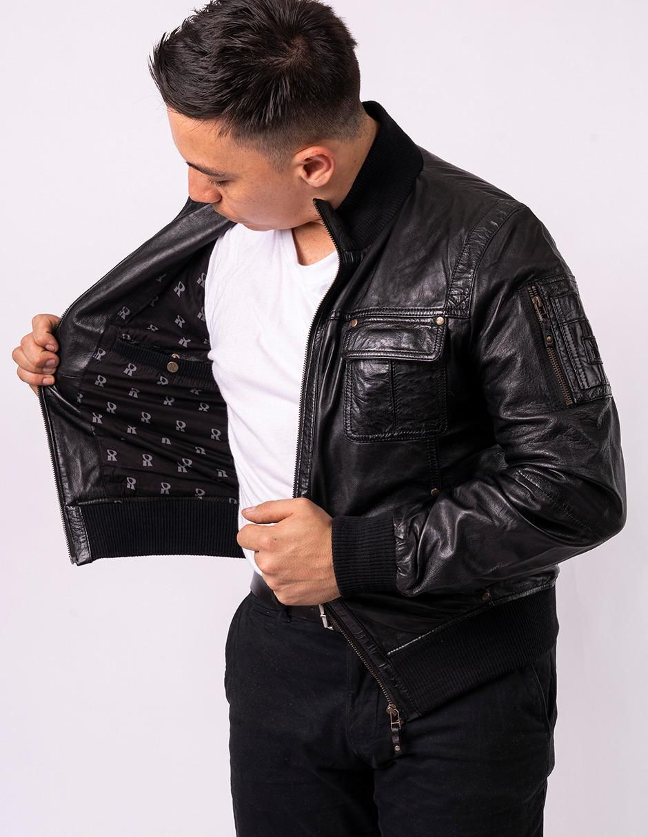 Chamarra bomber impermeable de piel cuello con cierre para hombre 5