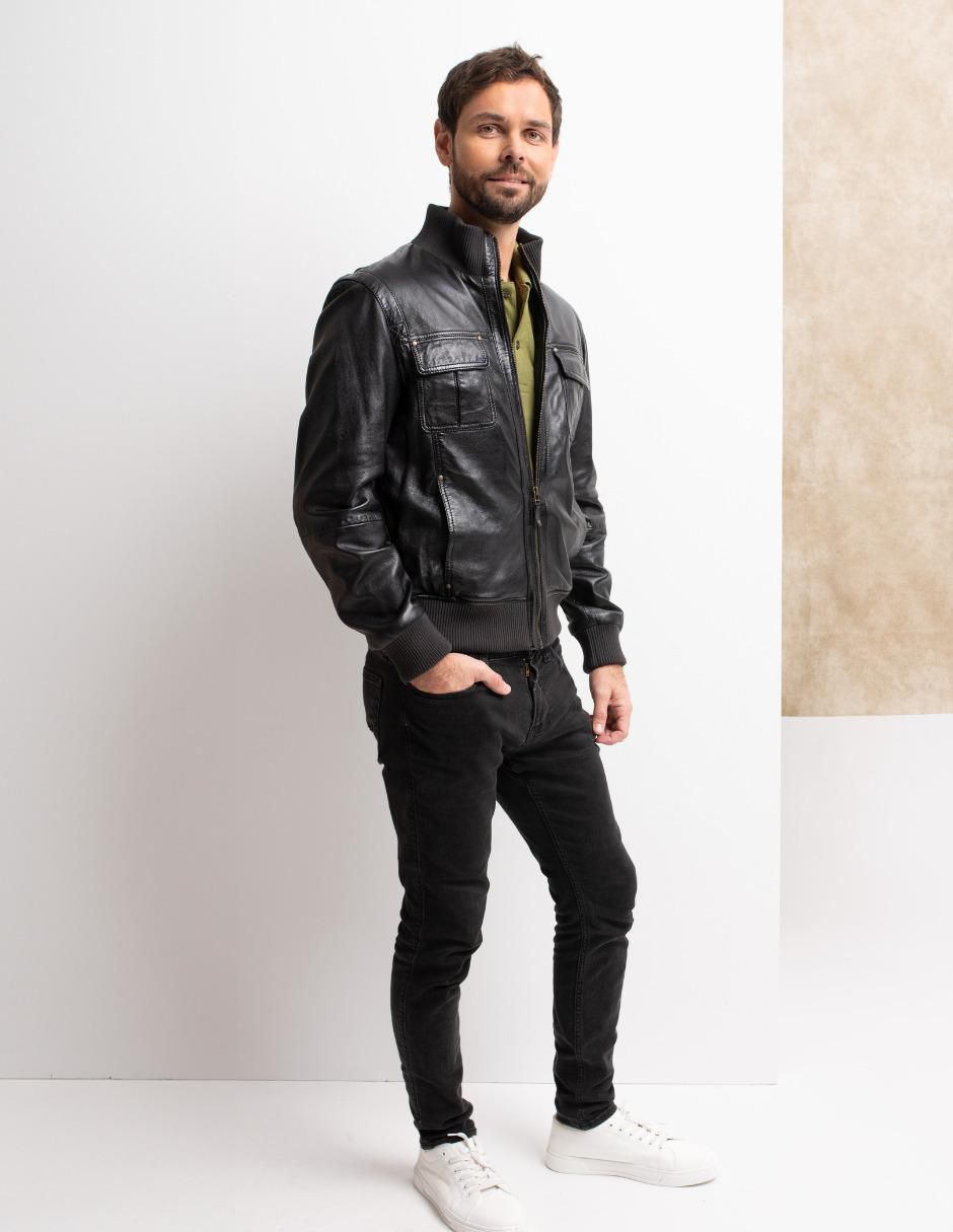 Chamarra bomber impermeable de piel cuello con cierre para hombre 6
