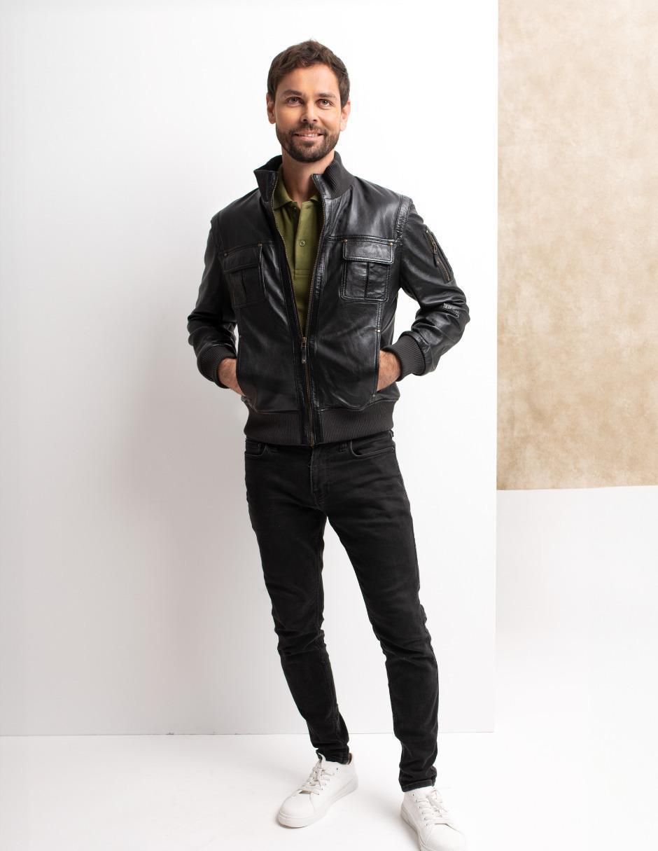 Chamarra bomber impermeable de piel cuello con cierre para hombre 7