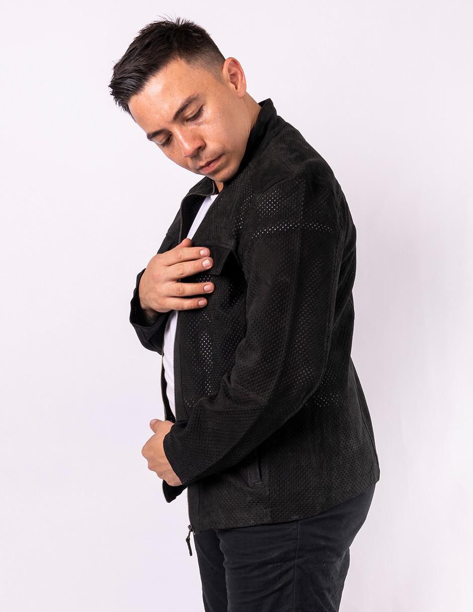 Chamarra casual de piel con cortes para hombre 2