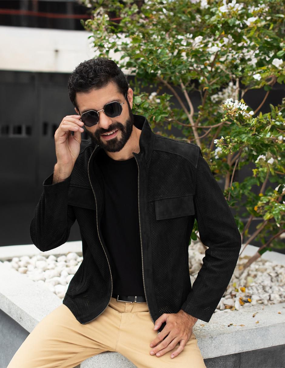 Chamarra casual de piel con cortes para hombre 5