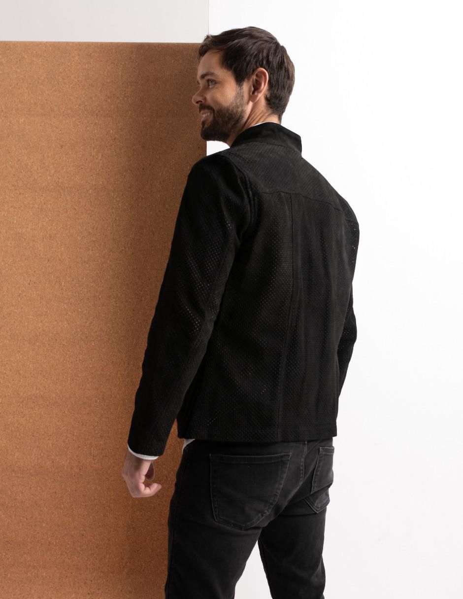 Chamarra casual de piel con cortes para hombre 7