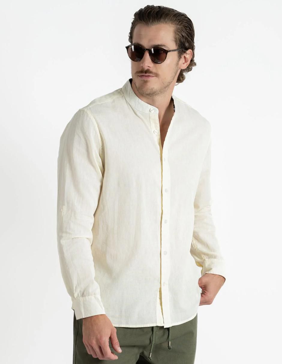 Camisa casual de algodón y lino manga larga para hombre